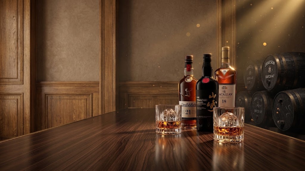 Luxury whisky bottles and crystal glasses